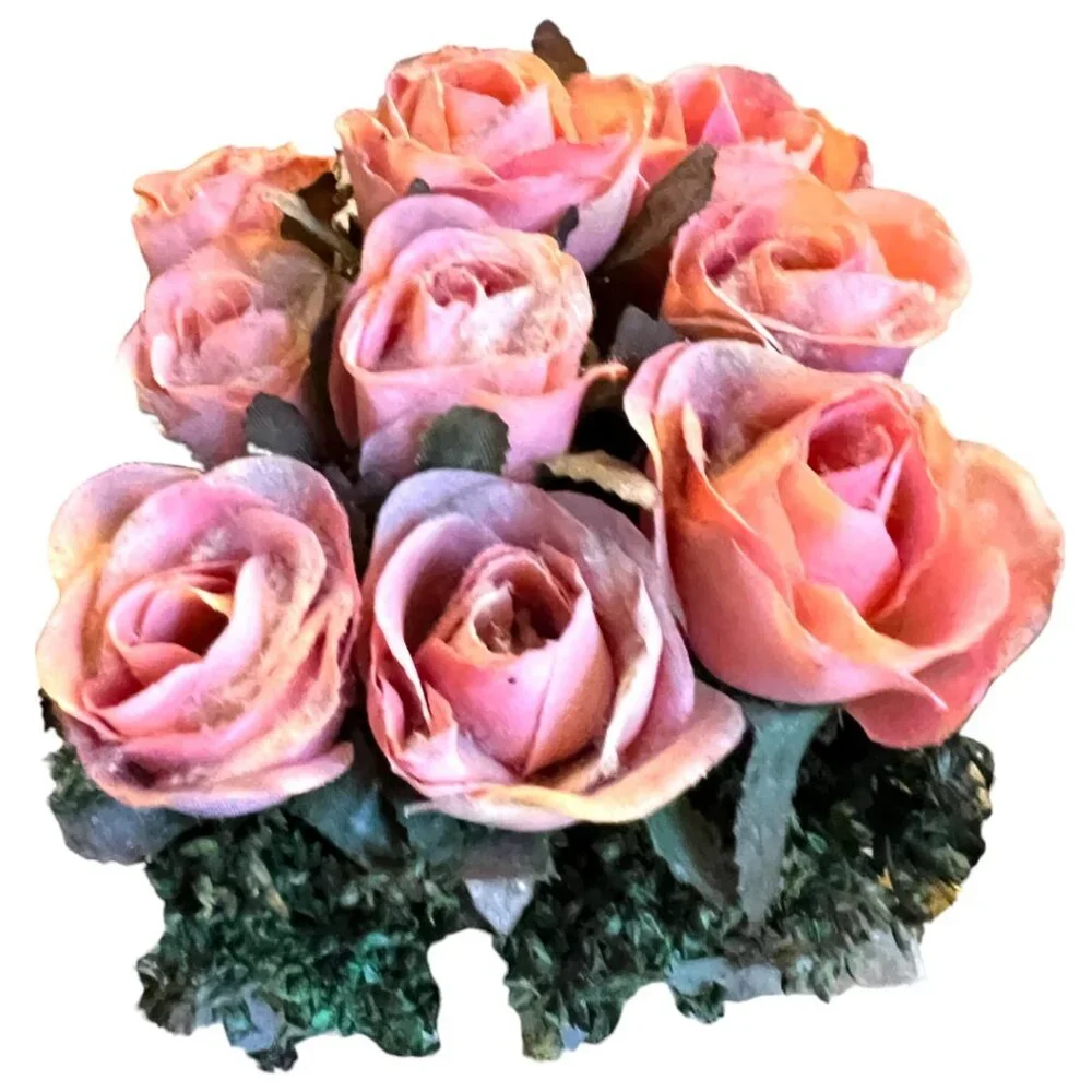 Silk Pink Tea Rose Plant Resin Planter Gold Wire Ribbon 7